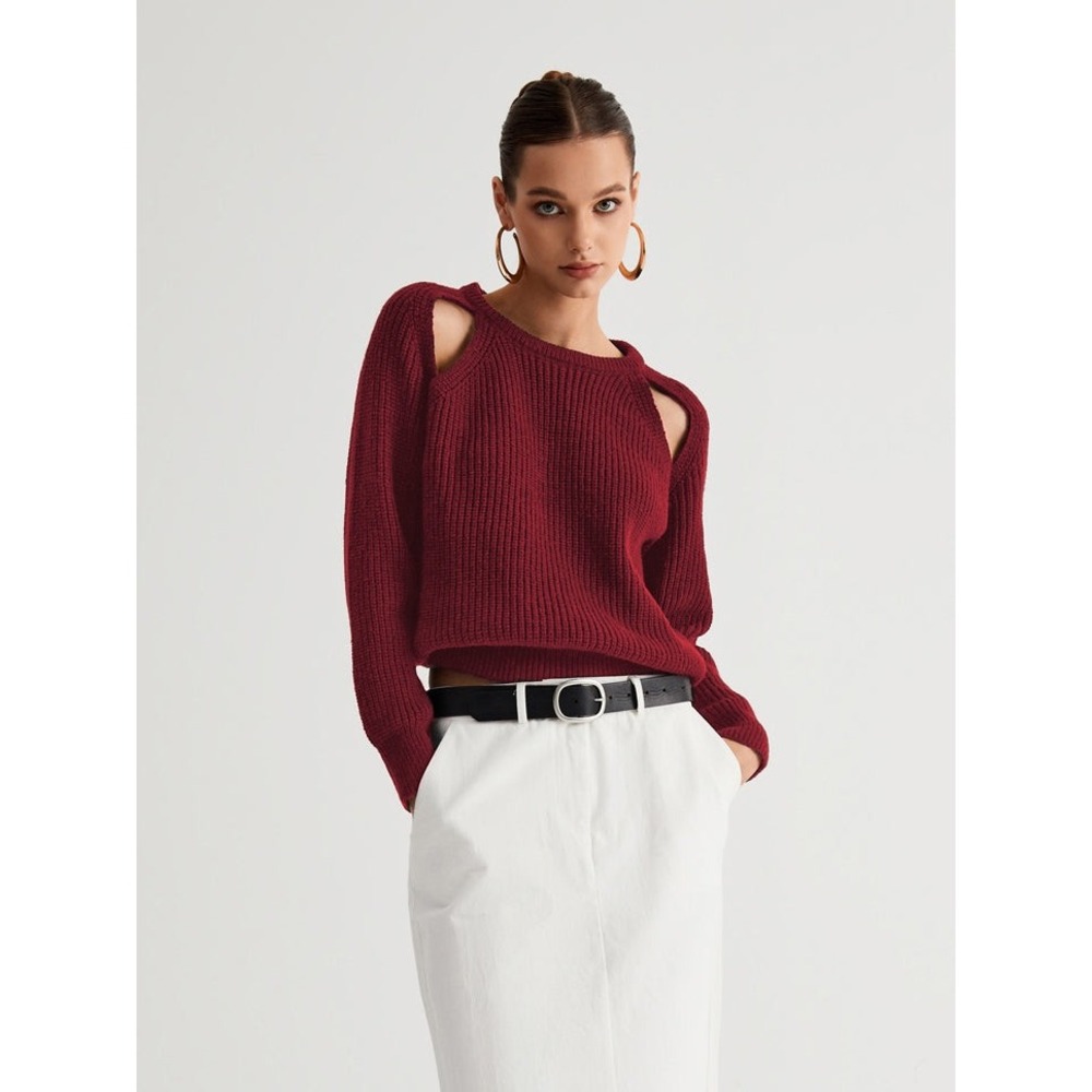 Commerce Cutout Shoulder Sweater Ribbed Knit Long Sleeve Pullover Top Red